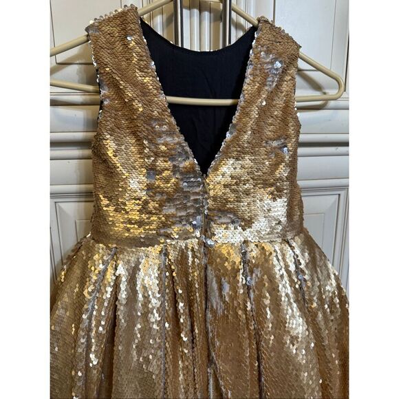 Custom Made Girls Sequined Sleeveless Tulle Hi-Low Dress Gold Black Size 5-6 - Picture 3 of 13